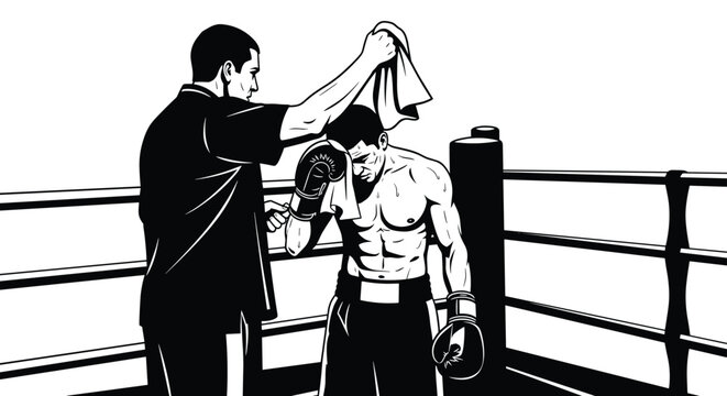 Professional boxer being attended to by his trainer in the corner of the ring during a break in the match.