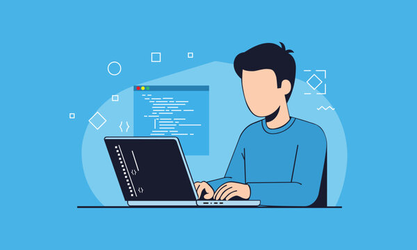Faceless Software engineer coding on computer with abstract blue background
