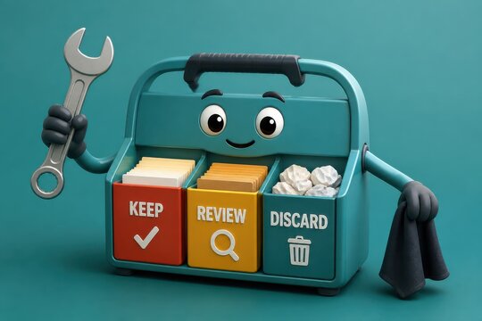 Cheerful toolbox organizer with keep review discard bins for productivity workflow concept