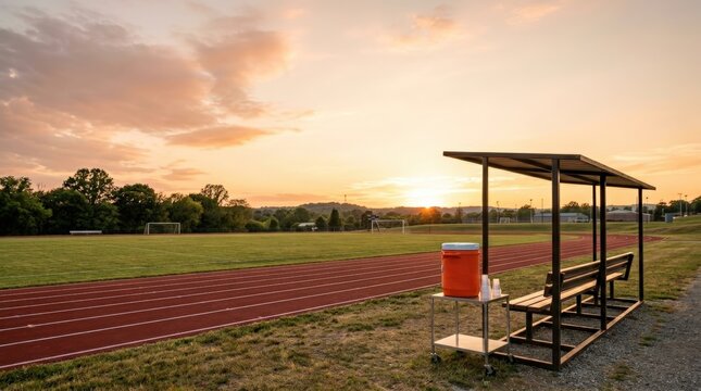 Empty sports field and running track at golden hour