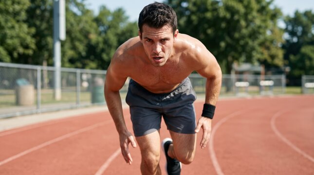 Male sprinter preparing on running track