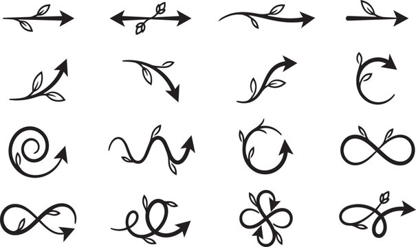 Set of decorative leaf arrows. doodle sketch style. simple elements for graphic design.