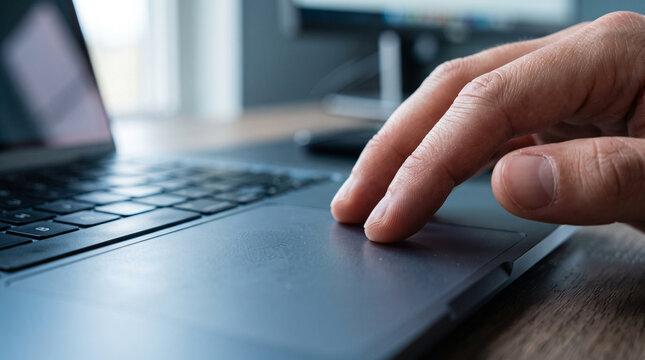 Hand using laptop touchpad close up
