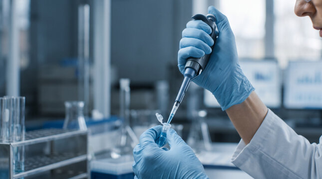 Scientist pipetting sample in laboratory close up