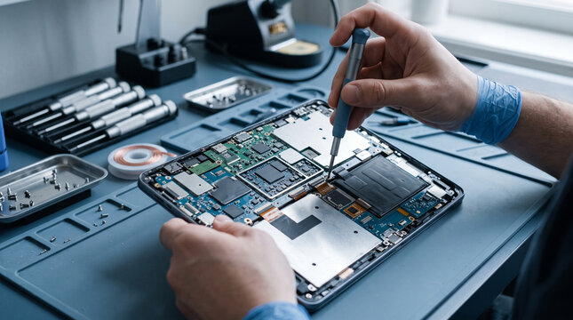Tablet Repair Technician Disassembling Electronic Device