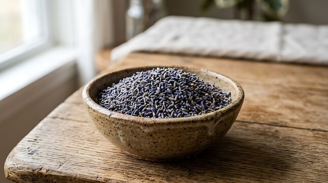 Beautiful bowl of dried lavender seeds on wooden table