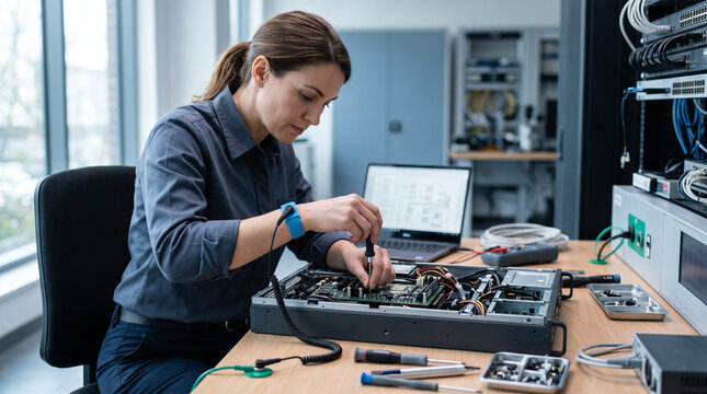 Technician repairing server hardware at workstation