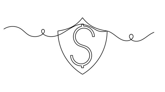 Secure payment shield dollar icon sign motion graphic continuous one line drawing on white background minimalist single art investment protection and business presentations symbol animation video