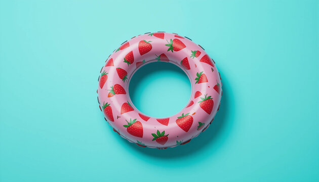 Bright inflatable pool float featuring a strawberries design, displayed on a blue background for summer leisure and beach vibes.