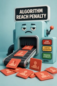 Muted social media machine shows algorithm reach penalty with low visibility and reduced distribution