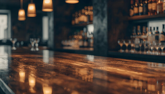 Empty wooden bar counter surface close up view. Hospitality pub background mockup. Long shiny polished dark tabletop reflecting ambient warm lights inside blurred night restaurant tavern.