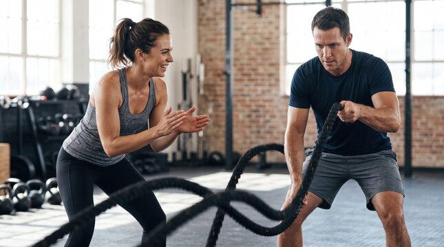Trainer and athlete using battle ropes indoors