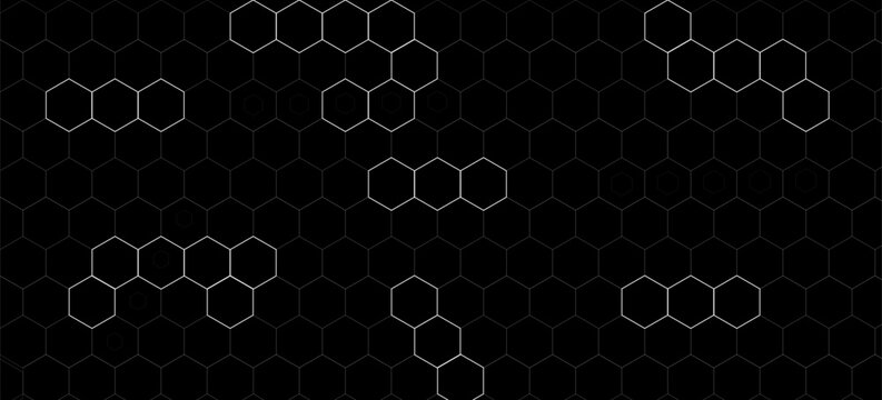 Luxury hexagonal abstract black metal background with golden light lines. Dark 3d geometric texture illustration. Bright grid pattern