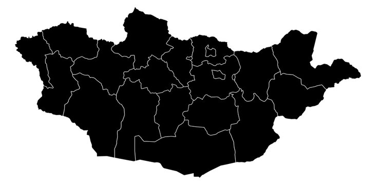 A contour map of Mongolia with administrative borders. Mongolian administrative silhouette