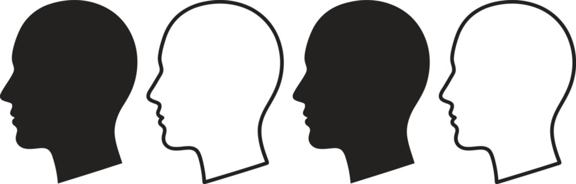 Human profile silhouettes black and white set of four