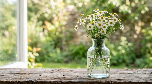 Beautiful bouquet of daisies in a glass vase on a wooden table