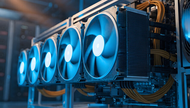 Blue illuminated computer cooling fans in data center. Cryptocurrency mining rig network system. Advanced technological server farm hardware running with fast rotating ventilator equipment.