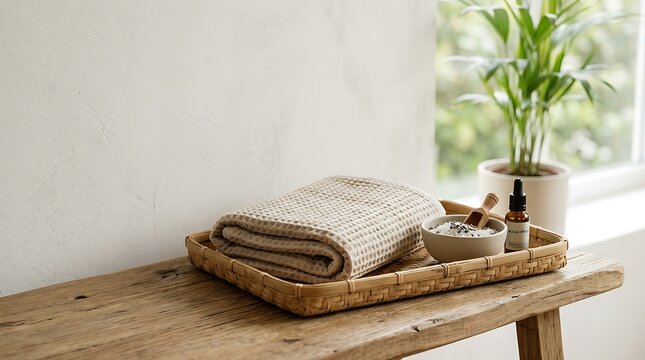 Spa day essentials on rustic wooden bench by window