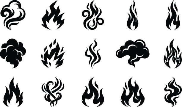 Black flame icons collection tribal modern and decorative fire designs