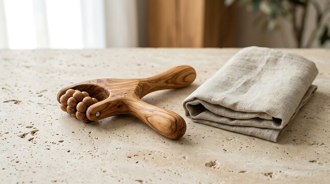 Wooden olive pitter on a kitchen counter with linen napkin