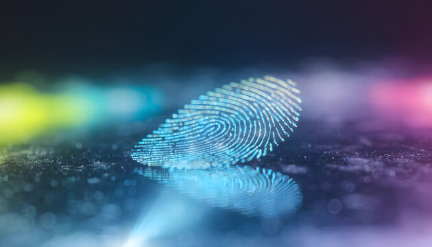 Biometric fingerprint scan secure authentication system access. Digital identity verification log solution. Abstract glowing blue biometric scanner thumbprint pattern reflection on desk
