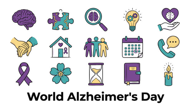 'World Alzheimer's Day' text with Vector Icon Set for Brain Health, Memory Loss, and Dementia Awareness Symbols