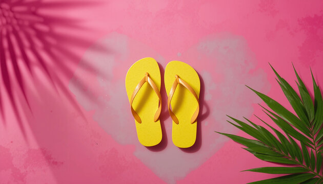 Vibrant yellow flip flops set against a bold pink surface with tropical leaves scattered around, emphasizing sunny travel and relaxation vibes.
