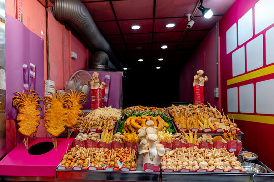 Colorful street food display in Jiufen, Taiwan