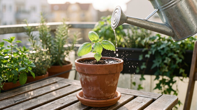 Watering Plant in Terracotta Pot on Sunny Urban Balcony Garden