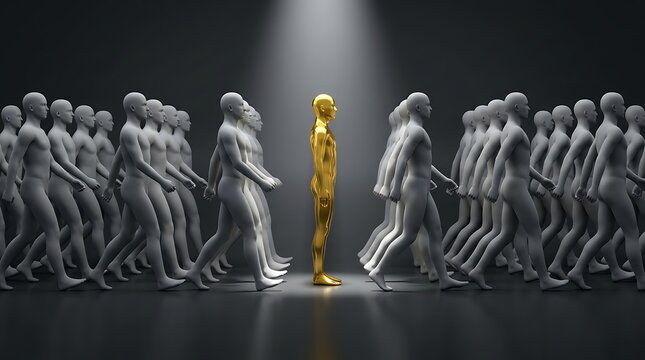 Golden Figure Standing Out from a Crowd of Grey People