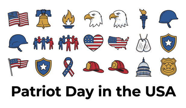 Collection of Patriot Day Icons with American Flag, Liberty Bell, Eagle, and 'Patriot Day in the USA' Text