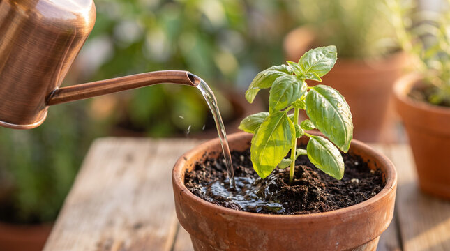 Watering Plant in Terracotta Pot on Sunny Urban Balcony Garden