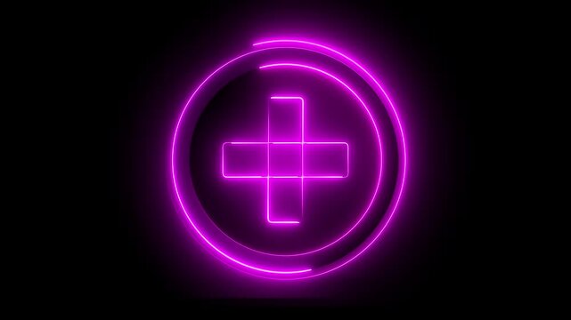 Glowing neon pink color plus sign icon animation circle mathematic calculating positive accountancy sign symbol on black background