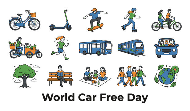 'World Car Free Day' Illustration Collection with Eco-Friendly Transportation and Sustainable Lifestyle