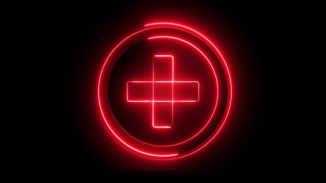Glowing neon red color plus sign icon animation circle mathematic calculating positive accountancy sign symbol on black background