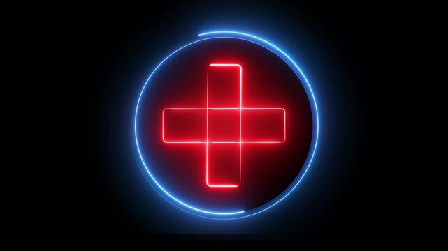 Glowing neon red and blue color plus sign icon animation circle mathematic calculating positive accountancy sign symbol on black background
