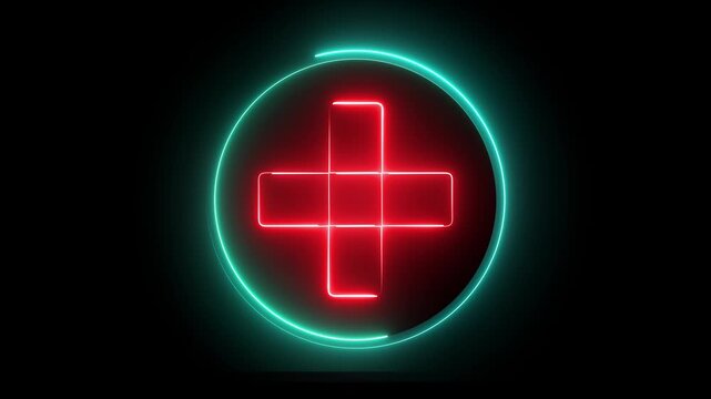 Glowing neon red and cyan color plus sign icon animation circle mathematic calculating positive accountancy sign symbol on black background