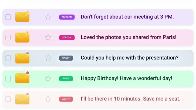 Scrolling through a colorful email inbox interface with new unread message notifications and sender names