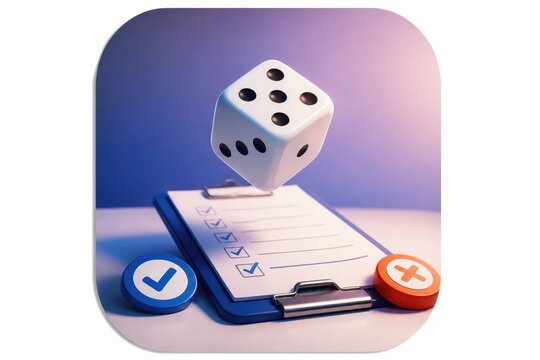 Decision making concept with dice and checklist on clipboard 3D render