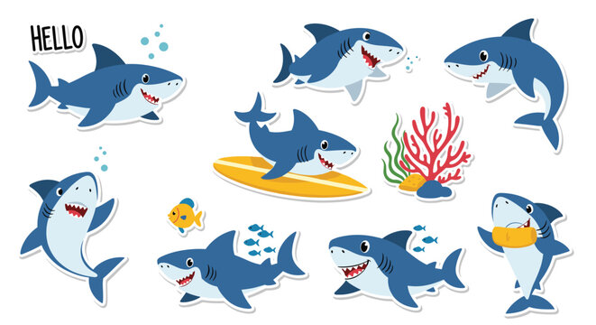 Cute sticker set featuring cartoon blue sharks in various playful poses, coral reefs, surfboard, and tiny fish.
