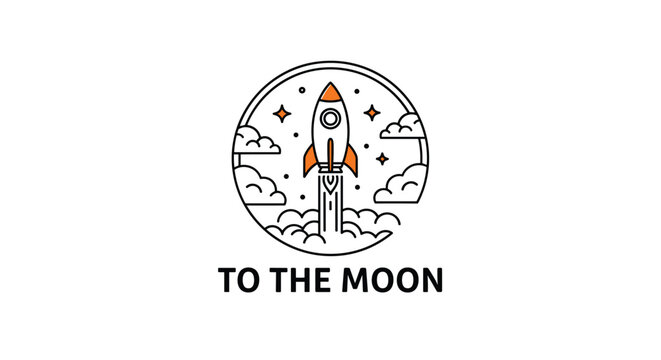 Rocket launch emblem with stars and clouds in circular border and To The Moon text vector illustration.