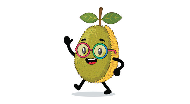 Happy jackfruit cartoon mascot character wearing colorful glasses and waving cheerfully on a clean white background.