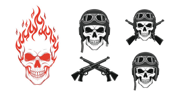 Edgy skull design set featuring a skull in red flames, skulls wearing helmets, and crossed double barrel shotguns.