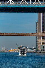Fototapeta premium New York bridges framing East River and Statue of Liberty.. White passenger ferry boat sailing under steel bridge structures in daytime.