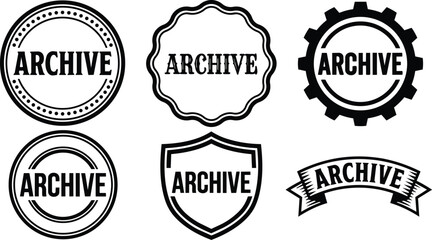 Obraz premium Black archive text with six different badge styles vectors