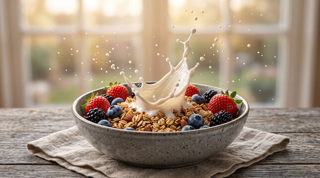 Bowl of granola cereal with fresh berries and milk splash on rustic wooden table near window.