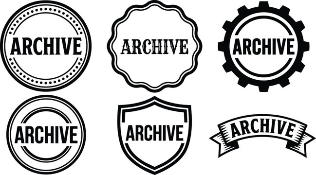 Black archive text with six different badge styles vectors