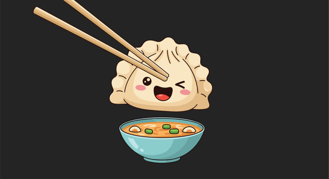 Adorable cartoon dumpling character is held by chopsticks over a bowl of hot soup on a solid dark gray background.