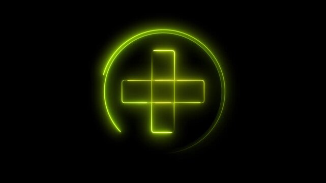 Glowing neon yellow color plus sign icon animation circle mathematic calculating positive accountancy sign symbol on black background