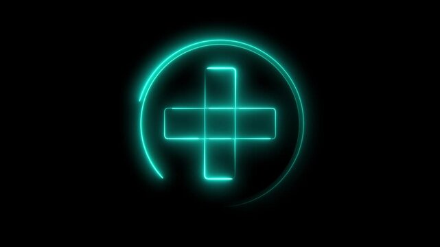 Glowing neon cyan color plus sign icon animation circle mathematic calculating positive accountancy sign symbol on black background